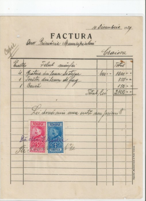 Romania, Factura, Craiova, 1929