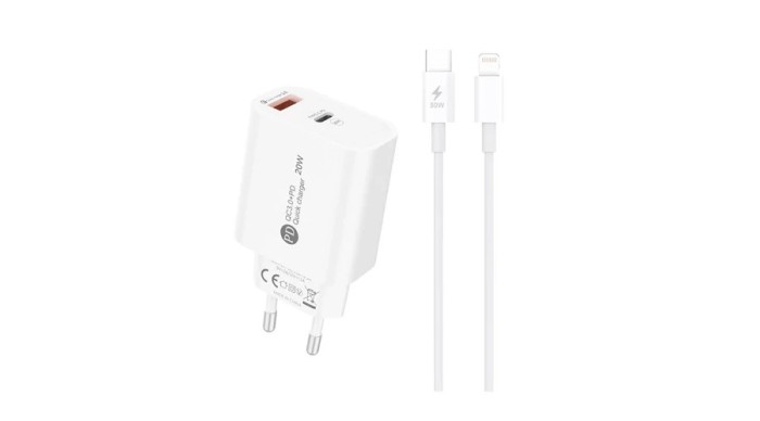 &Icirc;ncărcător de perete A6MaxL 20W USB-A USB-C cu cablu USB-C - Lightning de 1m - Alb
