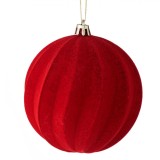 Ornament Brad Craciun, Glob Catifelat, Model Linii Ondulate, Rosu, Diametru 10cm, Oem
