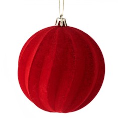 Ornament Brad Craciun, Glob Catifelat, Model Linii Ondulate, Rosu, Diametru 10cm