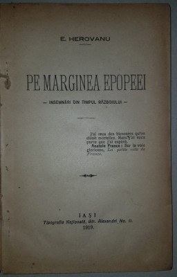 PE MARGINEA EPOPEEI, INSEMNARI DIN TIMPUL RAZBOIULUI de E. HEROVEANU - IAIS, 1919 foto