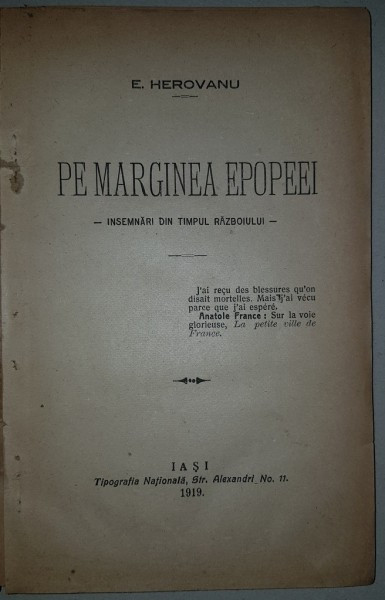PE MARGINEA EPOPEEI, INSEMNARI DIN TIMPUL RAZBOIULUI de E. HEROVEANU - IAIS, 1919