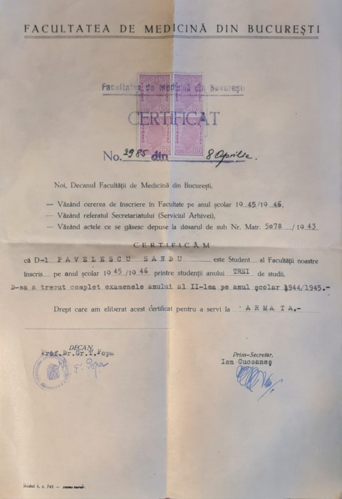 Adeverinta pt scutire armata Facultatea de Medicina 1945 semnata Gr. T. Popa