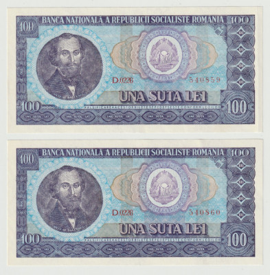 Romania, 2 x 100 lei 1966_aUNC_serie D.0226_540859/540860 foto