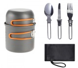 Cumpara ieftin Set oale pentru camping BRIUS&trade;, 800 ml/400 ml, din aluminiu, 2 oale cu manere pliabile, lingura, furculita si cutit pliabile din otel inoxidabil, usor