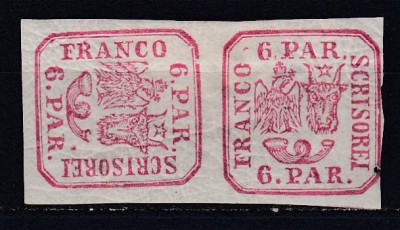 ROMANIA 1864 LP 12 b PRINCIPATELE UNITE EMISIUNEA II-a 6 PARALE ROSU PERECHE CU UN TIMBU VERTICAL SI CELALALT ORIZONTAL GUMA ORIGINALA SARNIERA foto