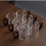 Set 6 cani espresso din sticla borosilicata, 100 ml, cu maner din lemn natural