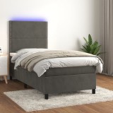 Gossi pat cu arcuri, saltea si led, gri inchis, 90x190 cm, catifea