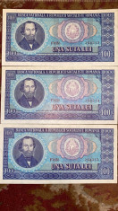 TREI BANCNOTE ,,100 LEI&amp;quot;1966,NECIRCULATE,Serii consecutive foto