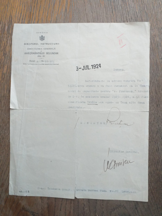 DOCUMENT SEMNAT DE CONSTANTIN KIRITESCU, 1924