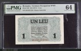 ROMANIA 1 Leu BGR 1917 gradata PMG 64 UNC. Banca Generala Romana . Necirculata .