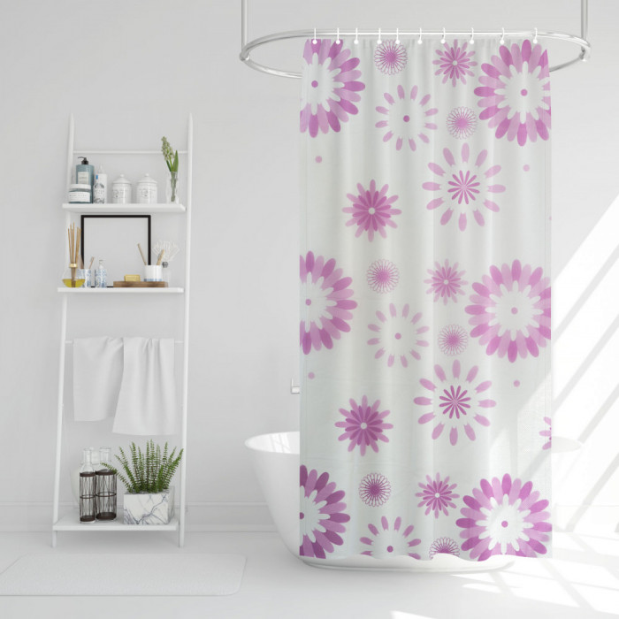 Perdea de dus - model cu flori mov - 180 x 180 cm