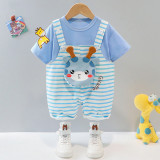 Costumas pentru baietei cu tricou si salopeta - Blue giraffe (Marime, Superbaby