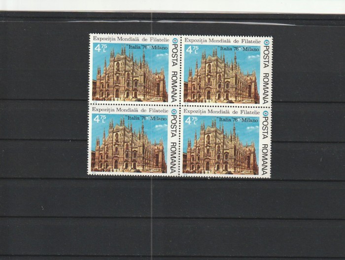 ROMANIA 1976 LP 922 EXPOZITIA FILATELICA MILANO BLOC DE 4 TIMBRE MNH NESTAMPILAT