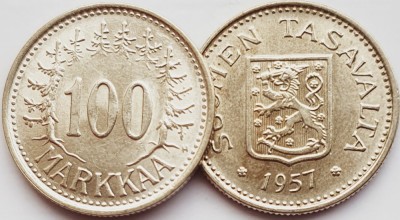 203 Finlanda 100 Markkaa 1957 km 41 aUNC argint foto