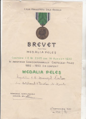 bnk md Romania - Brevet Medalia Peles - 1933 foto