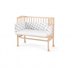 Patut pentru copii 2in1, 90 cm x 55 cm, lemn de fag, vopsea certificata, roti blocabile, laterala detasabila, co-sleeping, Saltea inclusa, Aparatoare