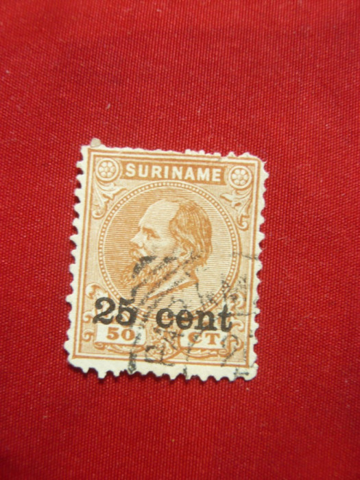 Timbru 25C supratipar pe 50C orange Suriname colonie olandeza 1900 stampilat