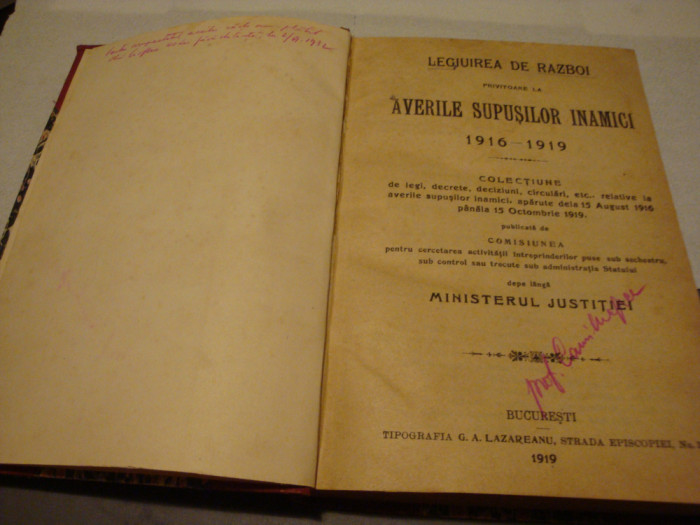 Legiuirea de razboi privitoare la averile supusilor inamici- col. de legi -1919