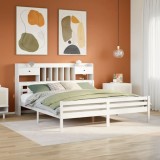 Cumpara ieftin Pat cu bibliotecă fără saltea, alb, 200x200 cm, lemn masiv pin