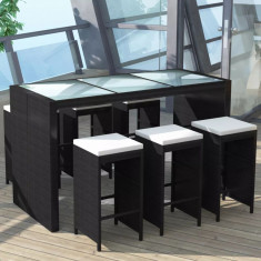 vidaXL Set mobilier bar de gradina cu perne, 7 piese, negru, poliratan foto