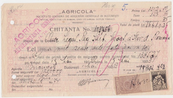 Chitanta Agricola Societate anonima de asigurari generale in Bucuresti 1922