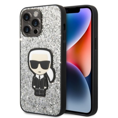 Husa pentru iPhone 14 Pro Max - Karl Lagerfeld Hardcase Glitter (KLHCP14XGFKPG) - Silver Flakes Ikonik foto