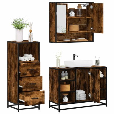 vidaXL Set mobilier de baie, 3 piese, stejar fumuriu, lemn prelucrat 3301062 foto