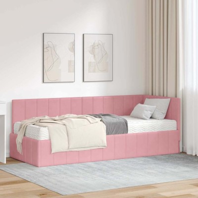 vidaXL Cadru de pat colțar cu saltea Roz 80 x 200 cm Catifea 3393841 foto