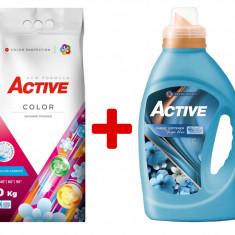 Detergent pudra pentru rufe colorate Active, sac 10kg, 135 spalari + Balsam de rufe Active Magic Blue, 1.5 litri, 60 spalari