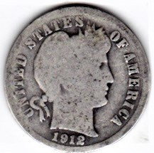 SUA One Dime=10 Cents 1912 S argint 90% aprox 2,5 gr.necuratata cu patina foto