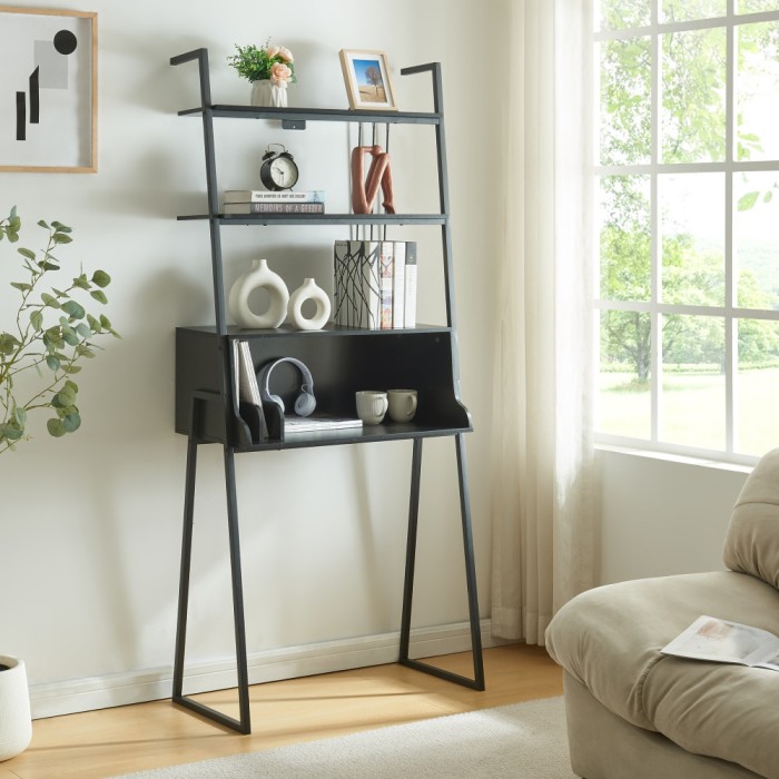 Schreibtisch Storfjord mit Leiterregal 184x80x40cm Schwarz [en.casa] HausGarden Leisure