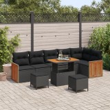 Set de colțar grădină vidaXL cu perne, negru, poliratan, acacia, Set de dining grădină vidaXL cu perne, negru, poliratan, acacia