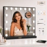 Oglindă de machiaj Hollywood make-up 58x48 cm, cu 15 LED-uri și culoare a luminii, oglindă cu mărire X10, negru