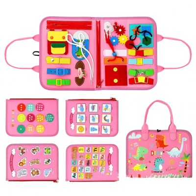 Carte Senzoriala Educativa Montessori 7in1, Flippy, 26 de Activitati, Dezvoltare Abilitati Motorii, 4 Pagini, Model Dinozauri, 28x22x7 cm, Roz foto