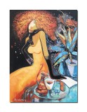 Cumpara ieftin Tablolu pictat manual, La o cafea, 70x50cm pictura ulei pe panza, gata de agatat pe perete