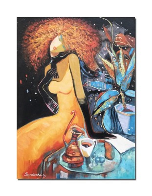 Tablolu pictat manual, La o cafea, 70x50cm pictura ulei pe panza, gata de agatat pe perete foto