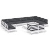 Set mobilier de gradina cu perne, 13 piese, alb, lemn de pin