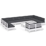 Set mobilier de gradina cu perne, 13 piese, alb, lemn de pin
