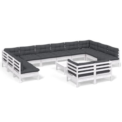 Set mobilier de gradina cu perne, 13 piese, alb, lemn de pin foto