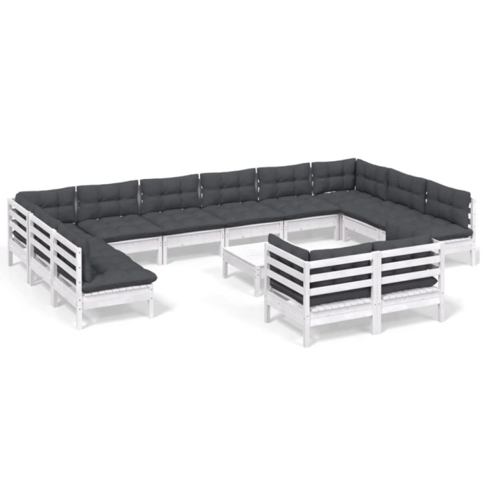 Set mobilier de gradina cu perne, 13 piese, alb, lemn de pin