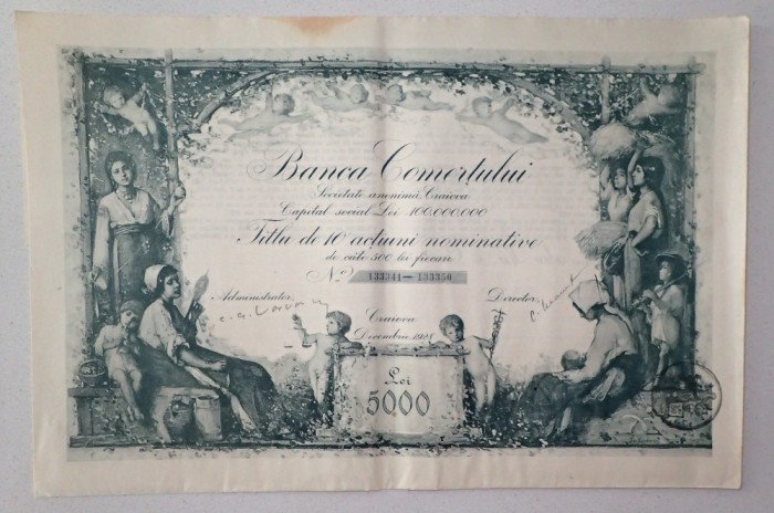 1928 BANCA COMERTULUI CRAIOVA 5000 lei - (RARITATE)