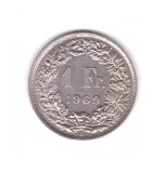 Moneda Elvetia 1 franc 1969, stare foarte buna, curata, Europa, Cupru-Nichel