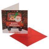 Felicitare mini de Crăciun cu Moș Crăciun și ren, model carouri roșii și verzi, cu sclipici, 9,5x9,5 cm, cu plic, CMCLASS