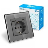 Cumpara ieftin Priza rama sticla securizata, porturi USB-A si USB-C, iUni UC2, 16A, Silver