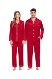 Set pijamale din mătase potrivite cu nasturi, 2 piese, m&acirc;neci lungi &ndash; roz XXL