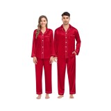 Set pijamale din mătase potrivite cu nasturi, 2 piese, m&acirc;neci lungi &ndash; roz XXL
