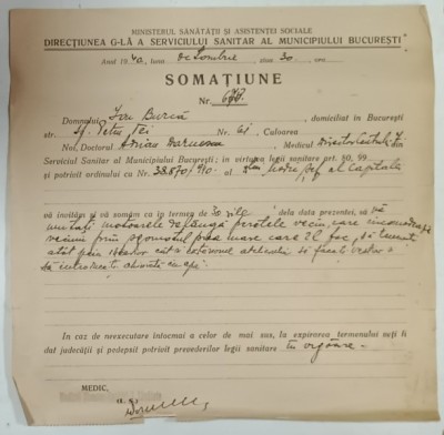 SOMATIUNE EMISA DE MINISTERUL SANATATII SI ASISTENTEI SOCIALE , 1940 foto