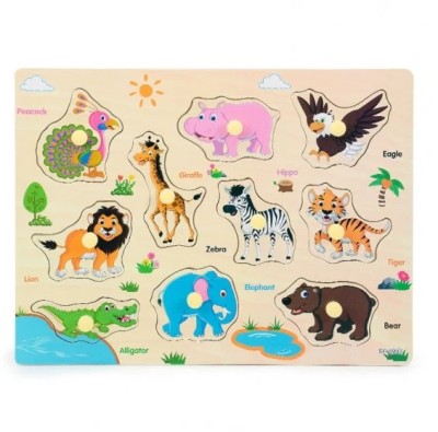 Joc educativ tip Puzzle din lemn cu maner Animale Jungla - MW-5 Animale Jungla foto