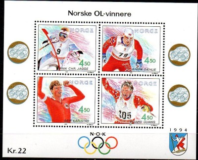 NORVEGIA 1993, J.O. Lillehammer, Medaliati olimpici, bloc neuzat, MNH foto
